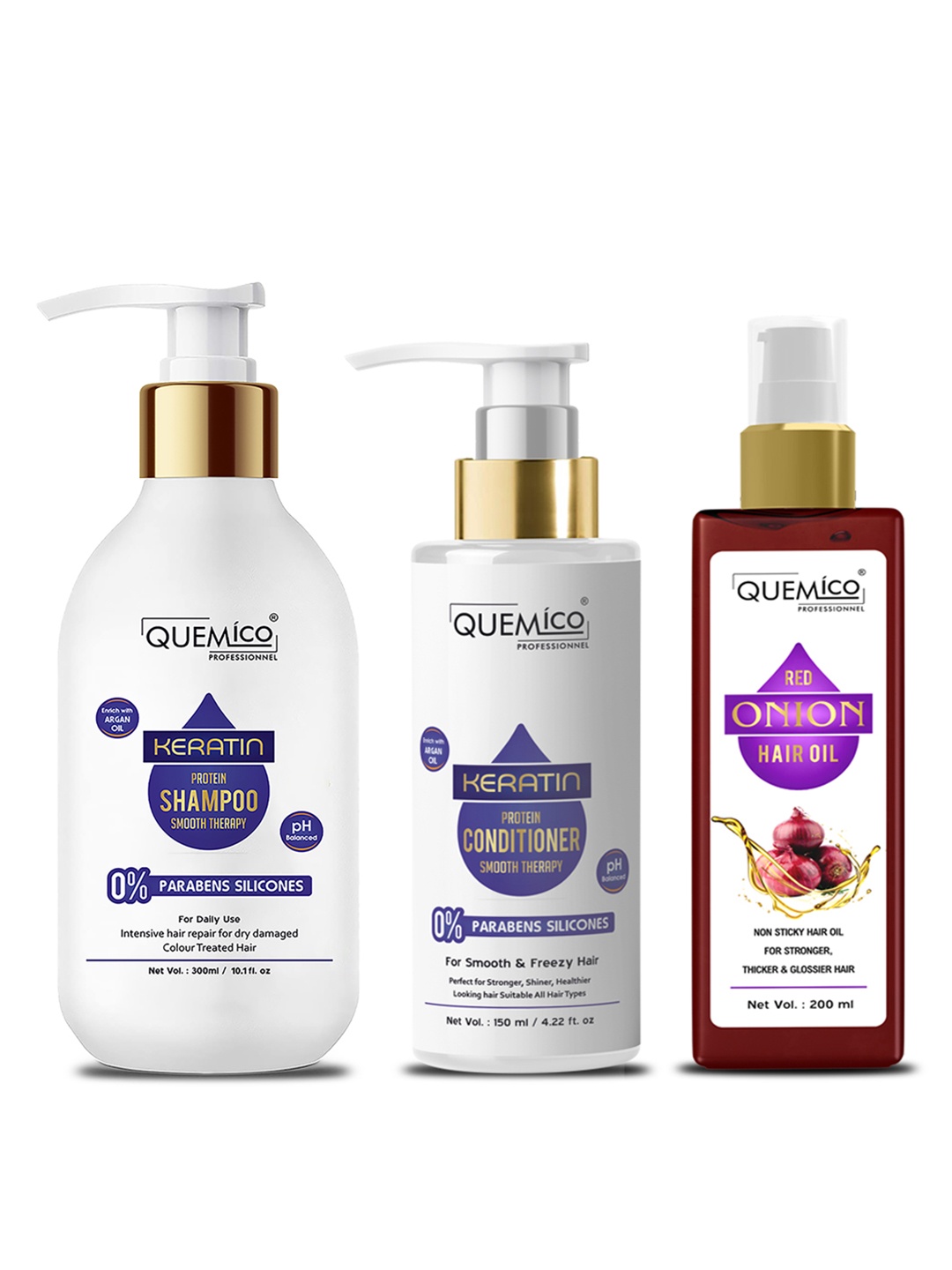 

Quemico Professionnel Set of Keratin Shampoo & Conditioner with Red Onion Hair Oil, White