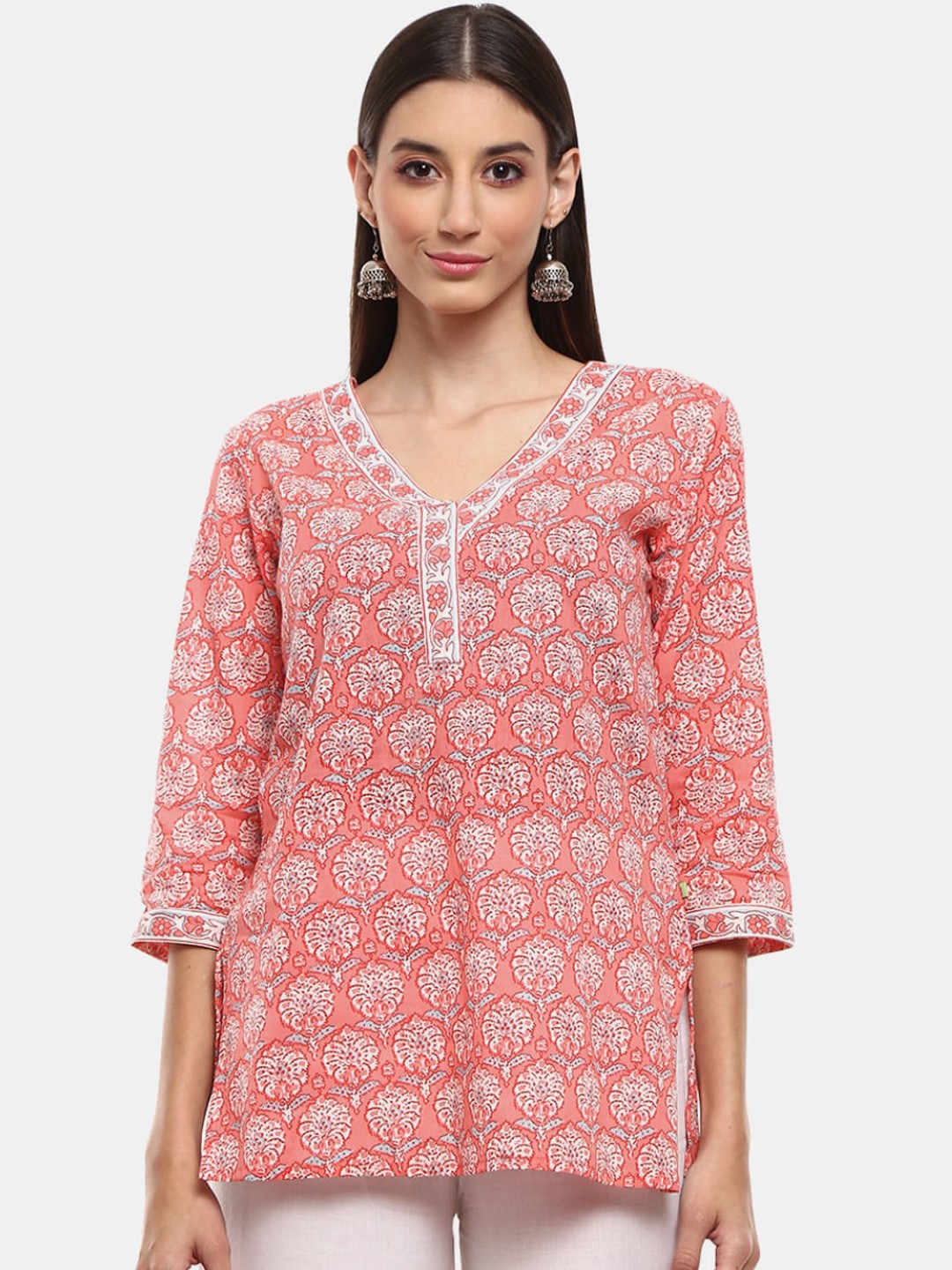 

Desi Mix Women Pink Floral Printed Flared Sleeves Kurta
