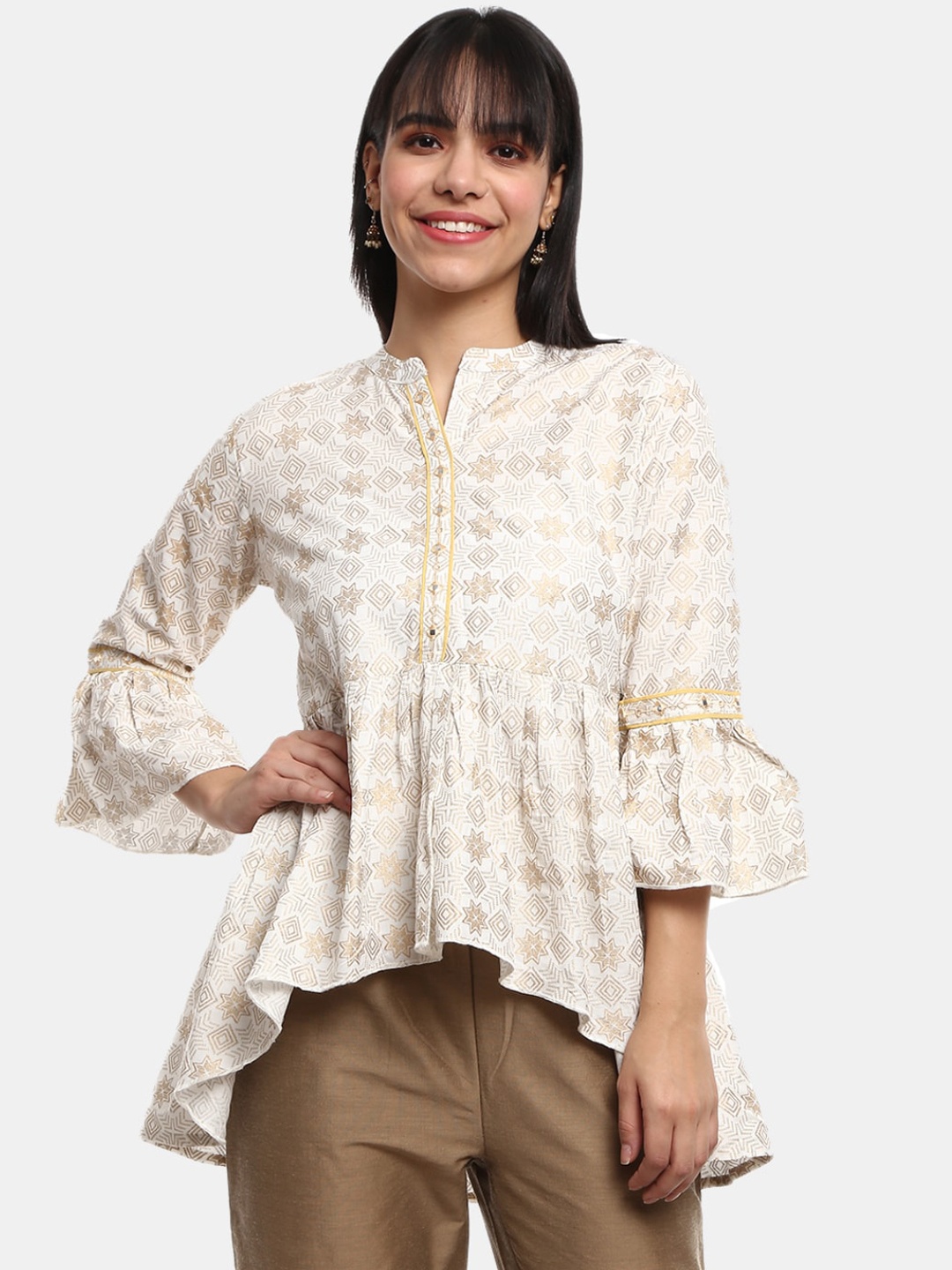 

Desi Mix Women Beige Printed Flared Sleeves Kurta