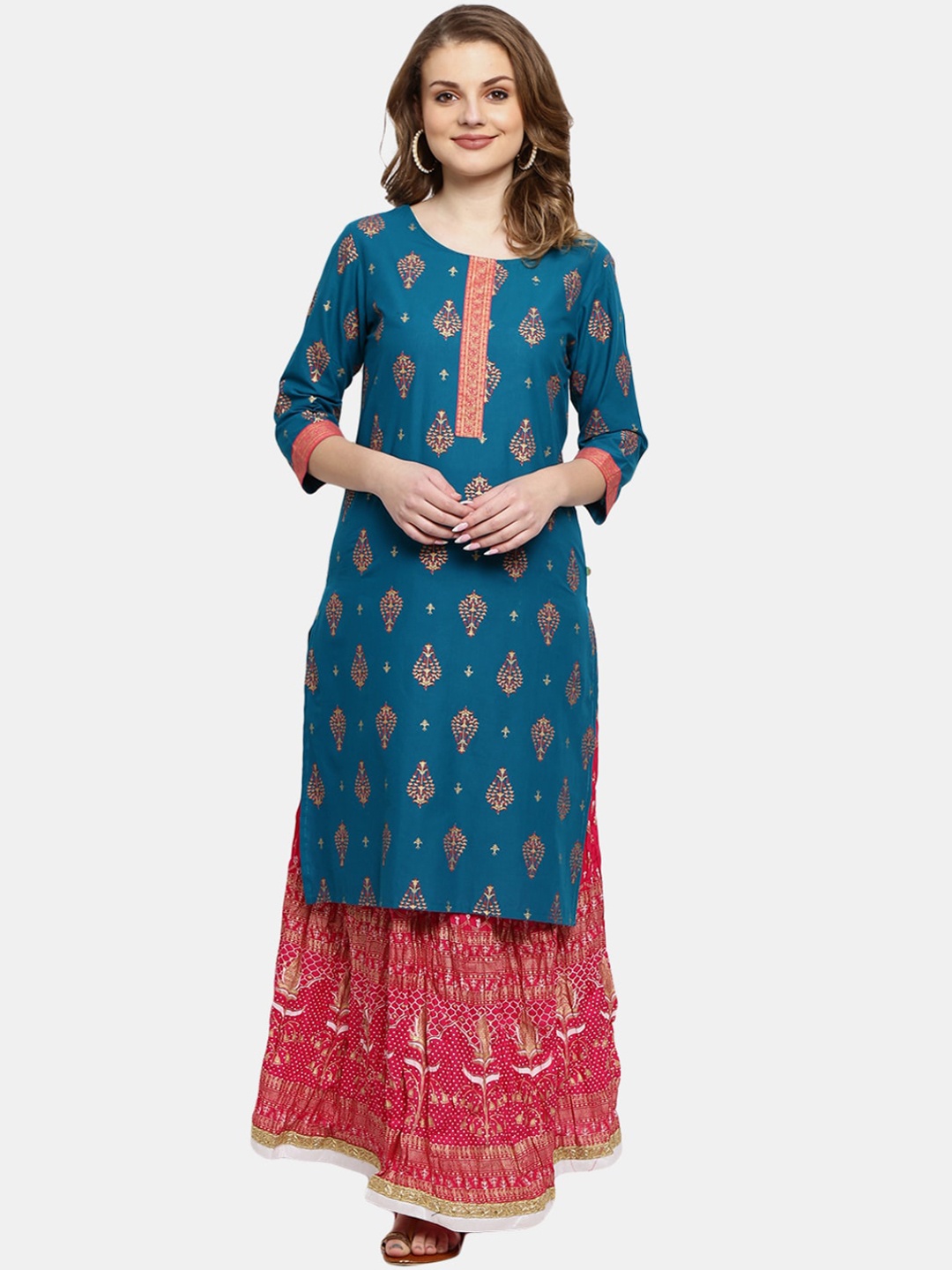 

Desi Mix Women Teal Ethnic Motifs Printed Thread Work Kurta