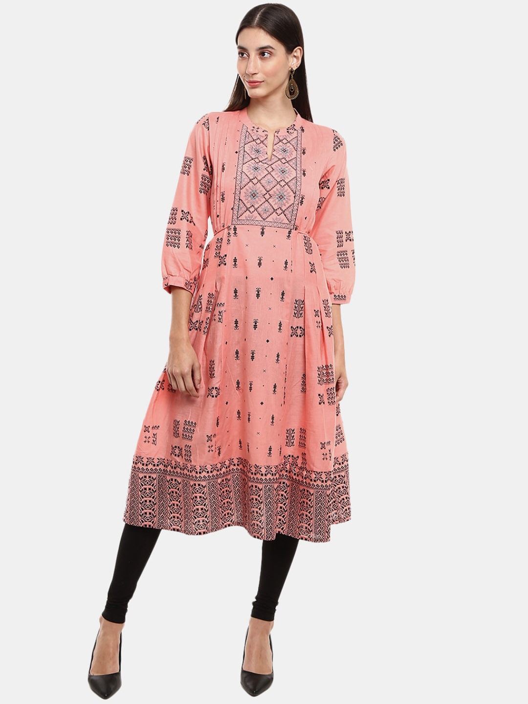 

Desi Mix Women Peach-Coloured Tribal Printed Keyhole Neck Anarkali Kurta