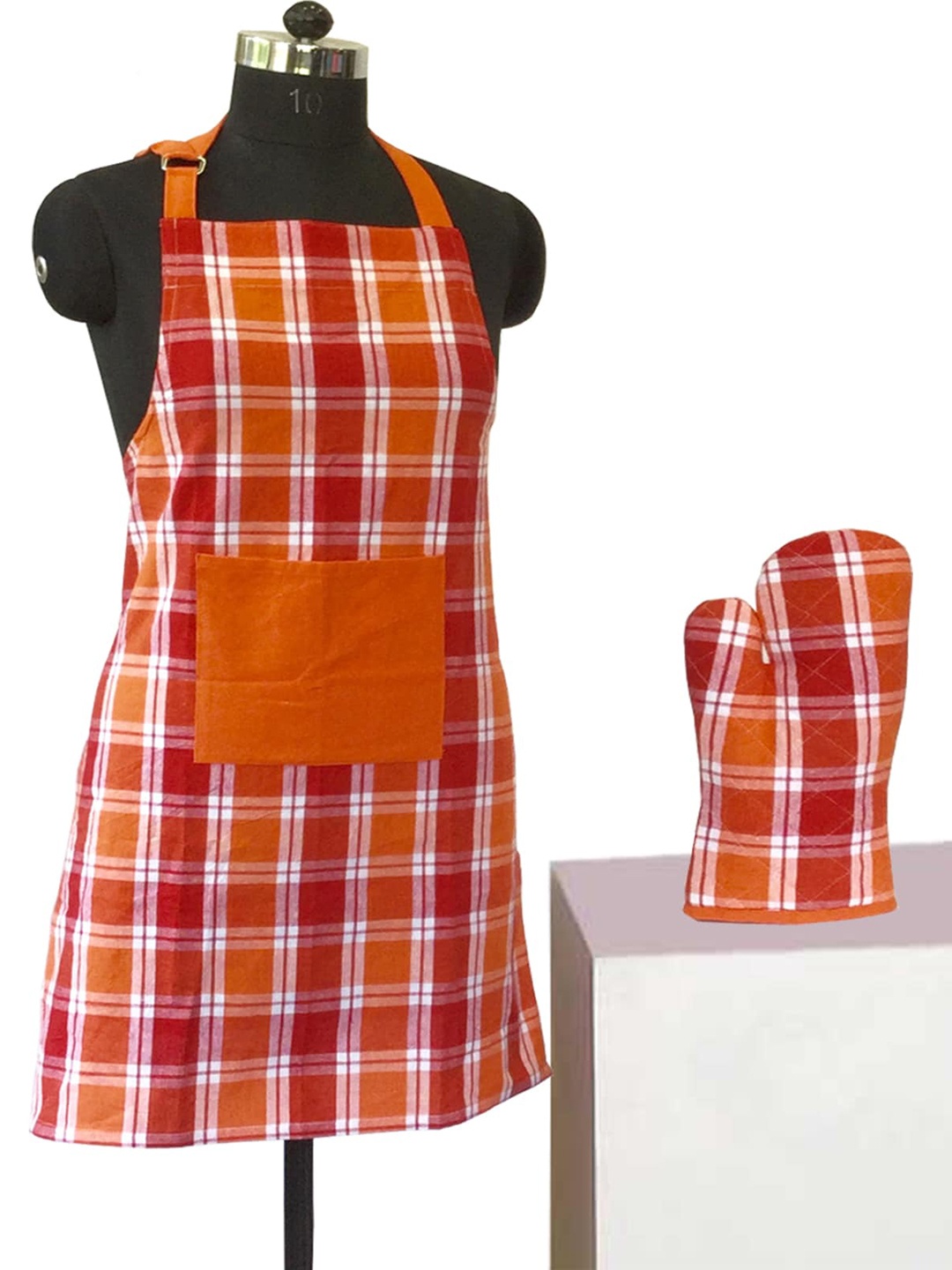 

Lushomes Orange & Red Checked Cotton Apron Set