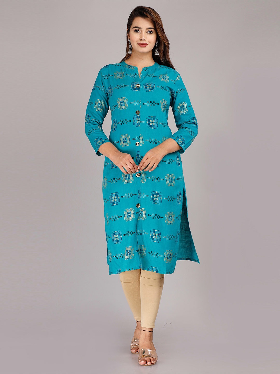 

SP DESIGNS Women Teal & Silver-Toned Geometric Printed Kurta