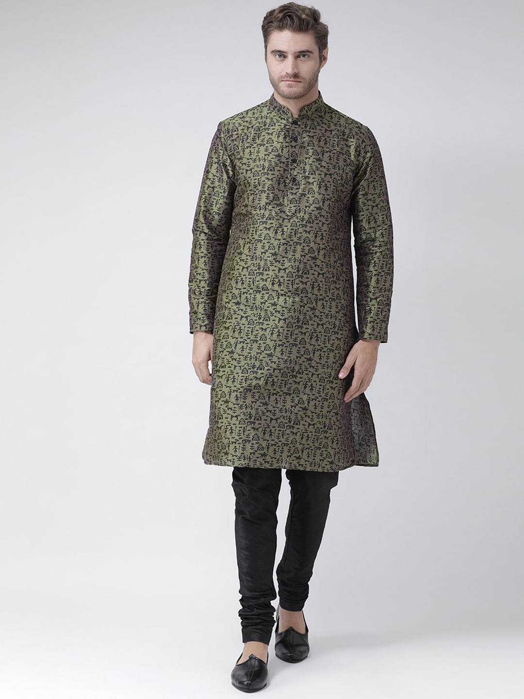 

DEYANN Men Green Printed Angrakha Dupion Silk Kurta with Churidar