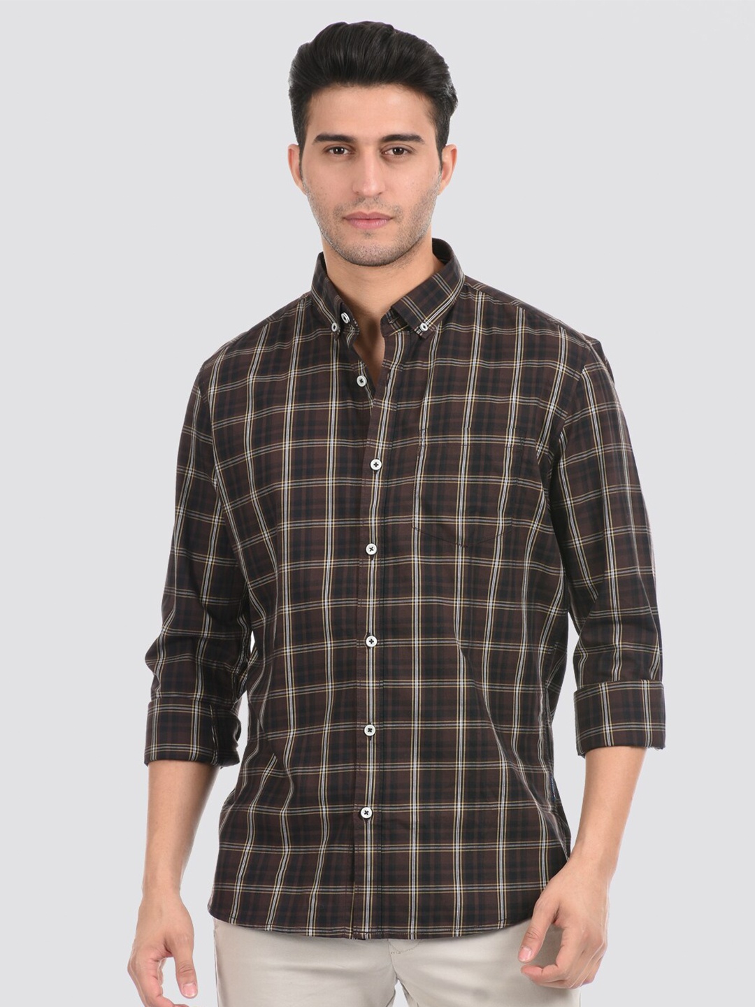 

LONDON FOG Men Brown Tartan Checks Checked Casual Shirt