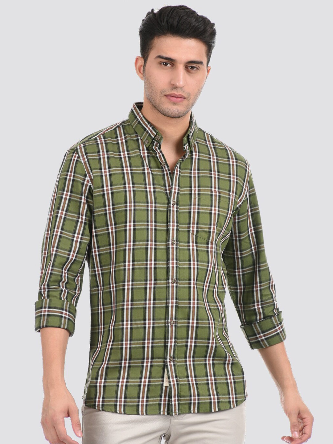 

LONDON FOG Men Olive Green & White Tartan Checked Casual Shirt