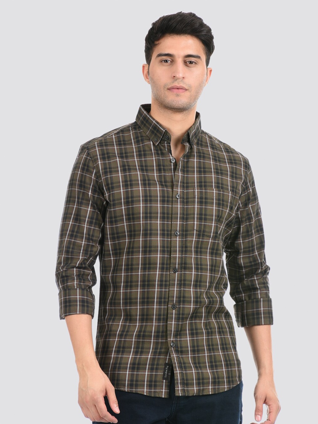 

LONDON FOG Men Green Tartan Checks Checked Casual Shirt