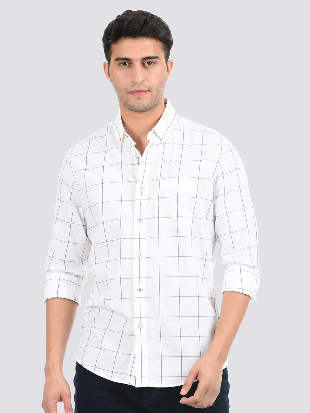 

LONDON FOG Men White Windowpane Checks Checked Casual Shirt