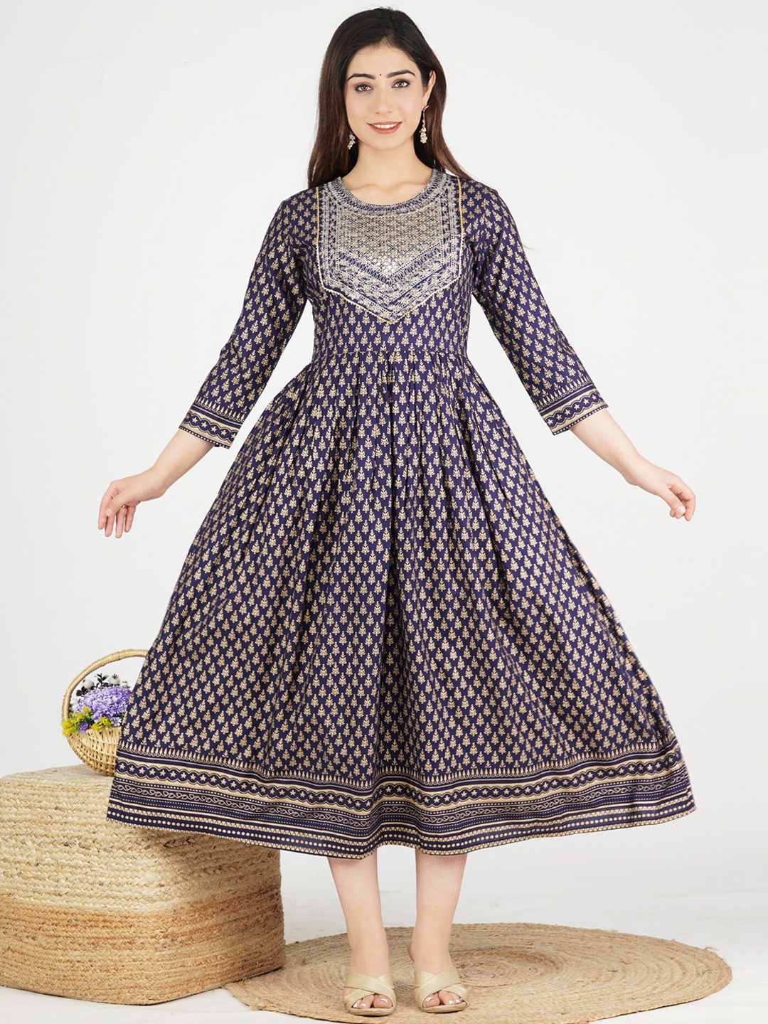 

JAIPURI COLLECTION Women Navy Blue Ethnic Motifs Printed Anarkali Kurta
