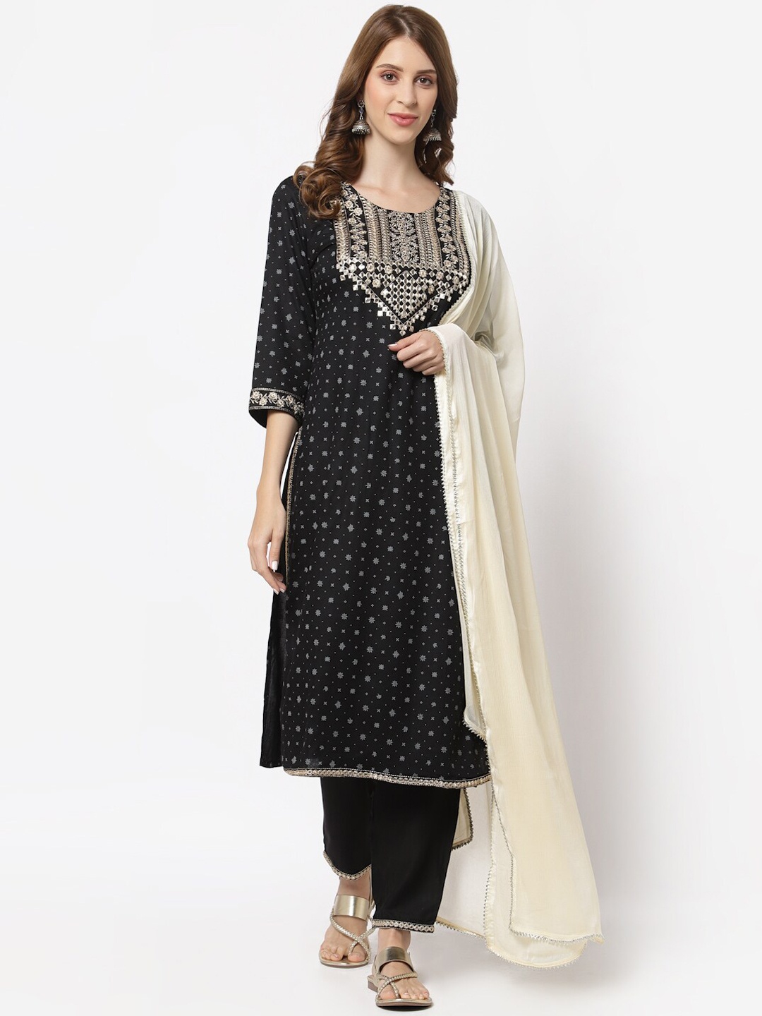 

YELLOW CLOUD Women Black Ethnic Motifs Layered Kurta with Trousers & With Dupatta