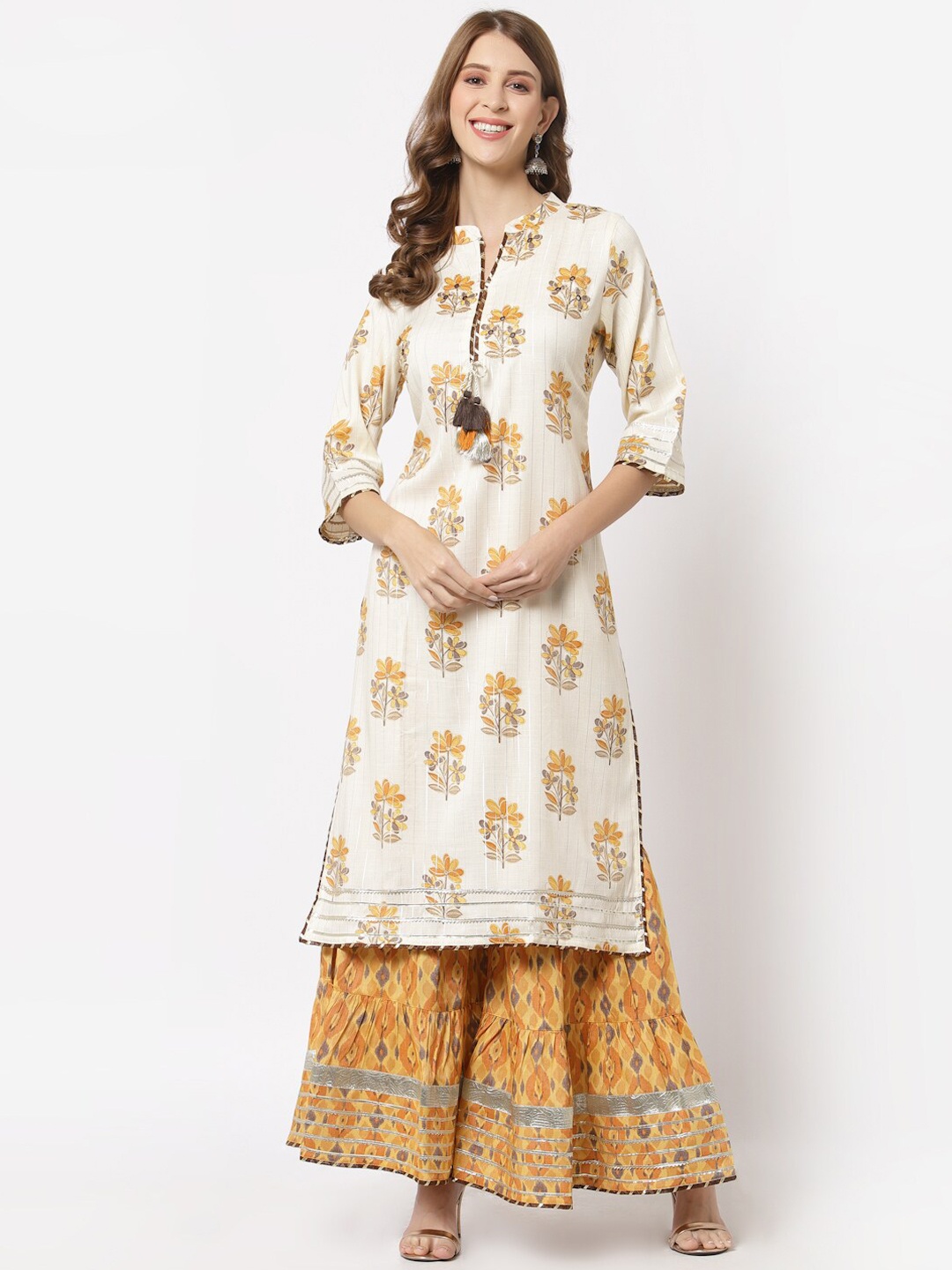 

YELLOW CLOUD Women Off White Floral Print Straight Rayon Kurta Sharara Mulmul Dupatta Set