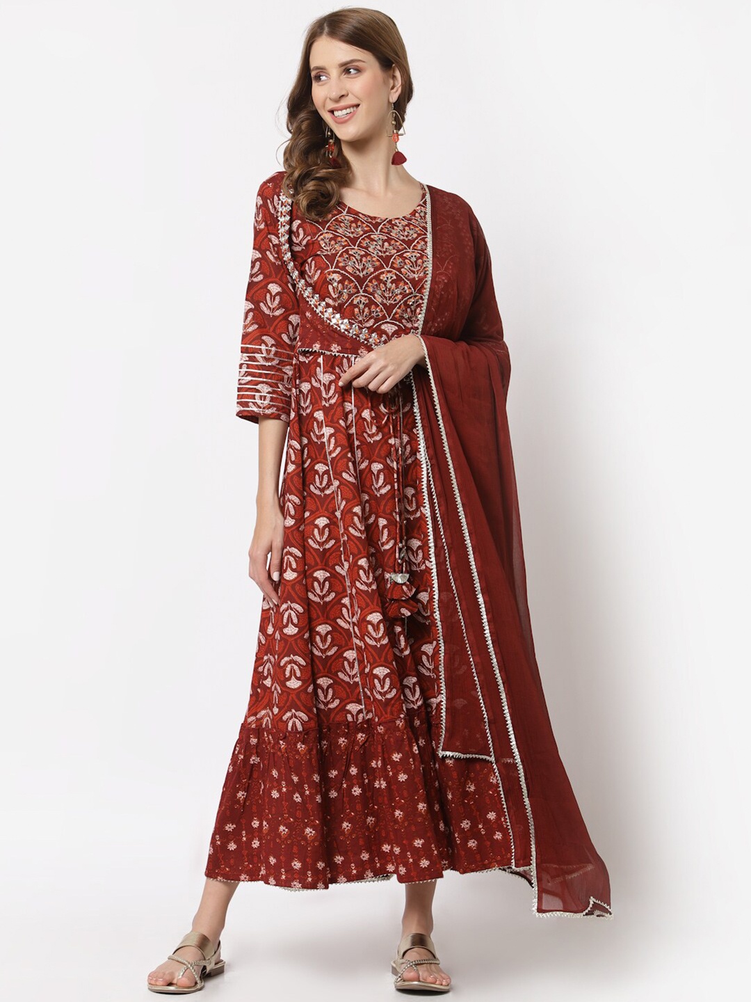 

YELLOW CLOUD Rust Ethnic Motifs Maxi Dress with Dupatta