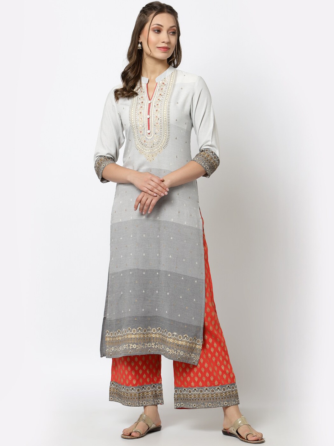 

YELLOW CLOUD Women Grey Printed Kurta with Palazzos