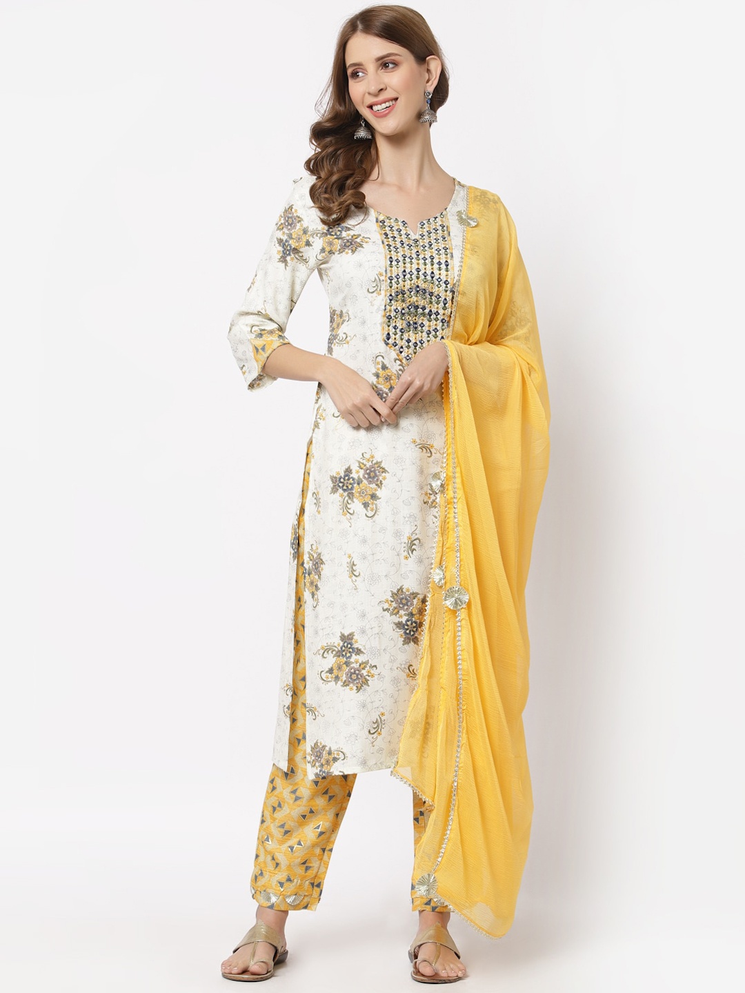 

YELLOW CLOUD Women Off White Striped High Slit Kurta with Trousers & With Dupatta