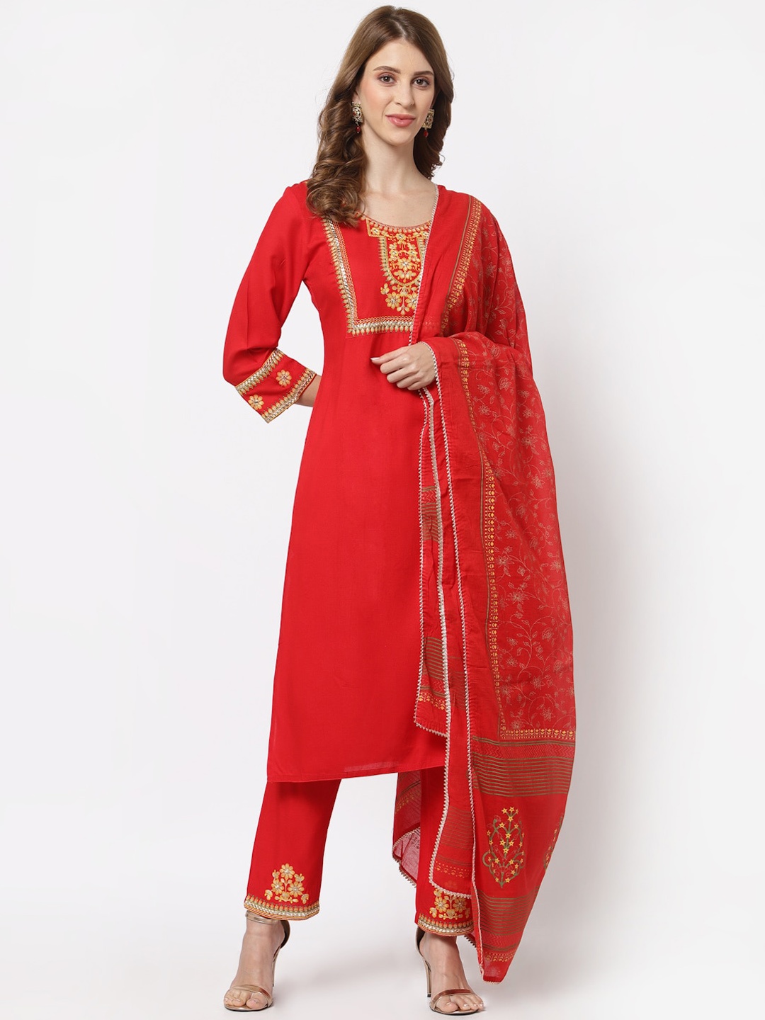 

YELLOW CLOUD Women Red Yoke Design Layered Kurta with Trousers & With Dupatta