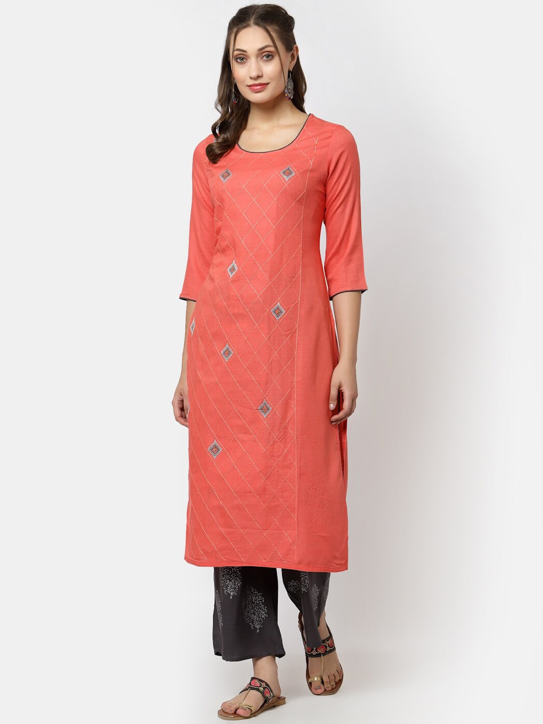 

YELLOW CLOUD Women Peach-Coloured Printed Kurta with Palazzos