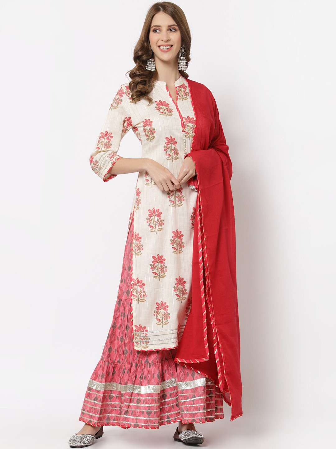 

YELLOW CLOUD Women Off White Ethnic Motifs Yoke Design Kurta with Sharara & Dupatta