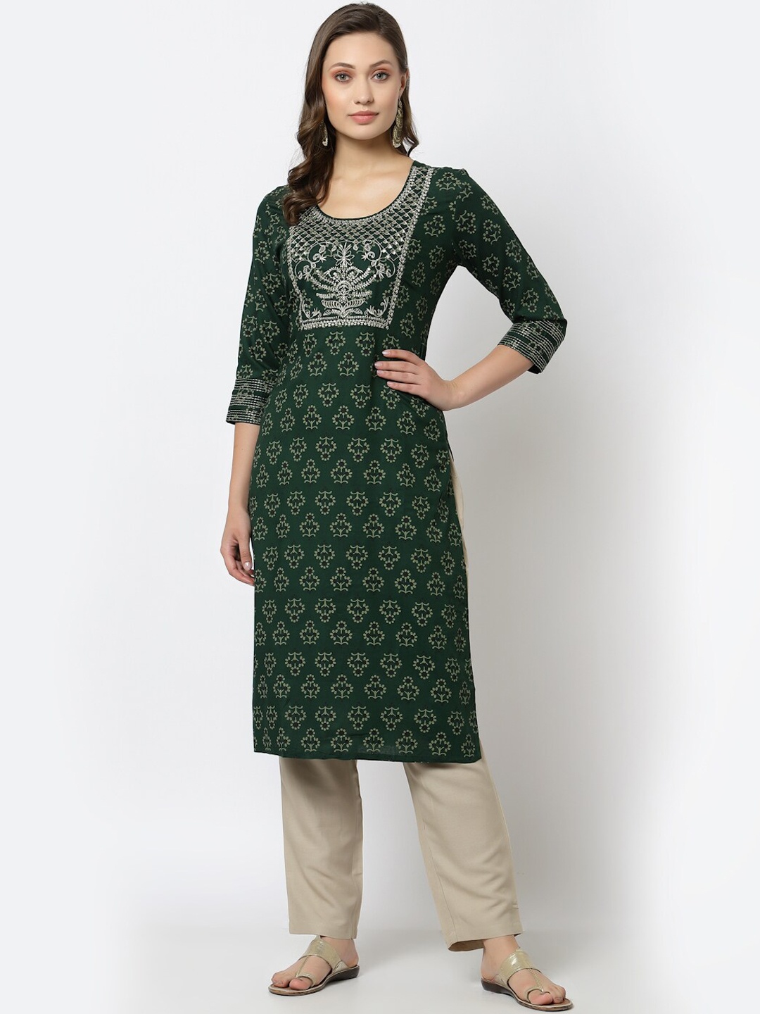 

YELLOW CLOUD Women Green Embroidered Straight Kurta Palazzo Set