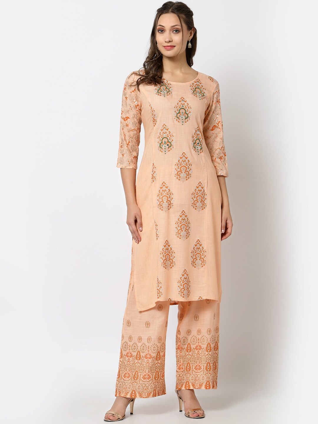 

YELLOW CLOUD Women Peach-Coloured Ethnic Motifs Printed Kurta with Palazzos