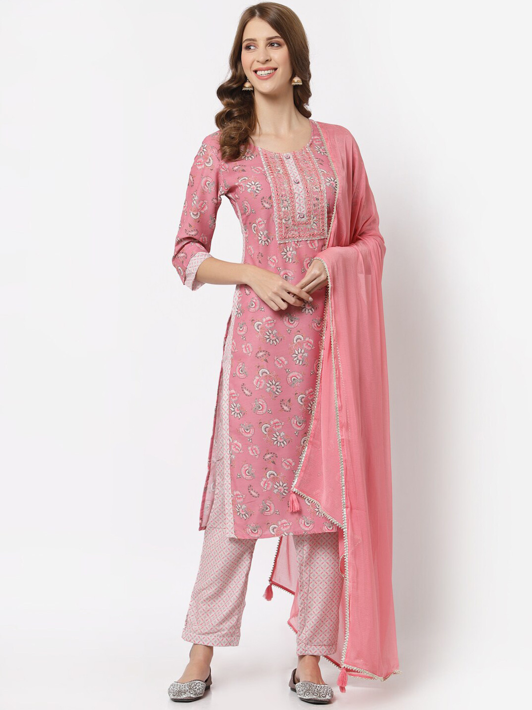 

YELLOW CLOUD Women Peach-Coloured Ethnic Motifs Printed Kurta with Trousers & With Dupatta