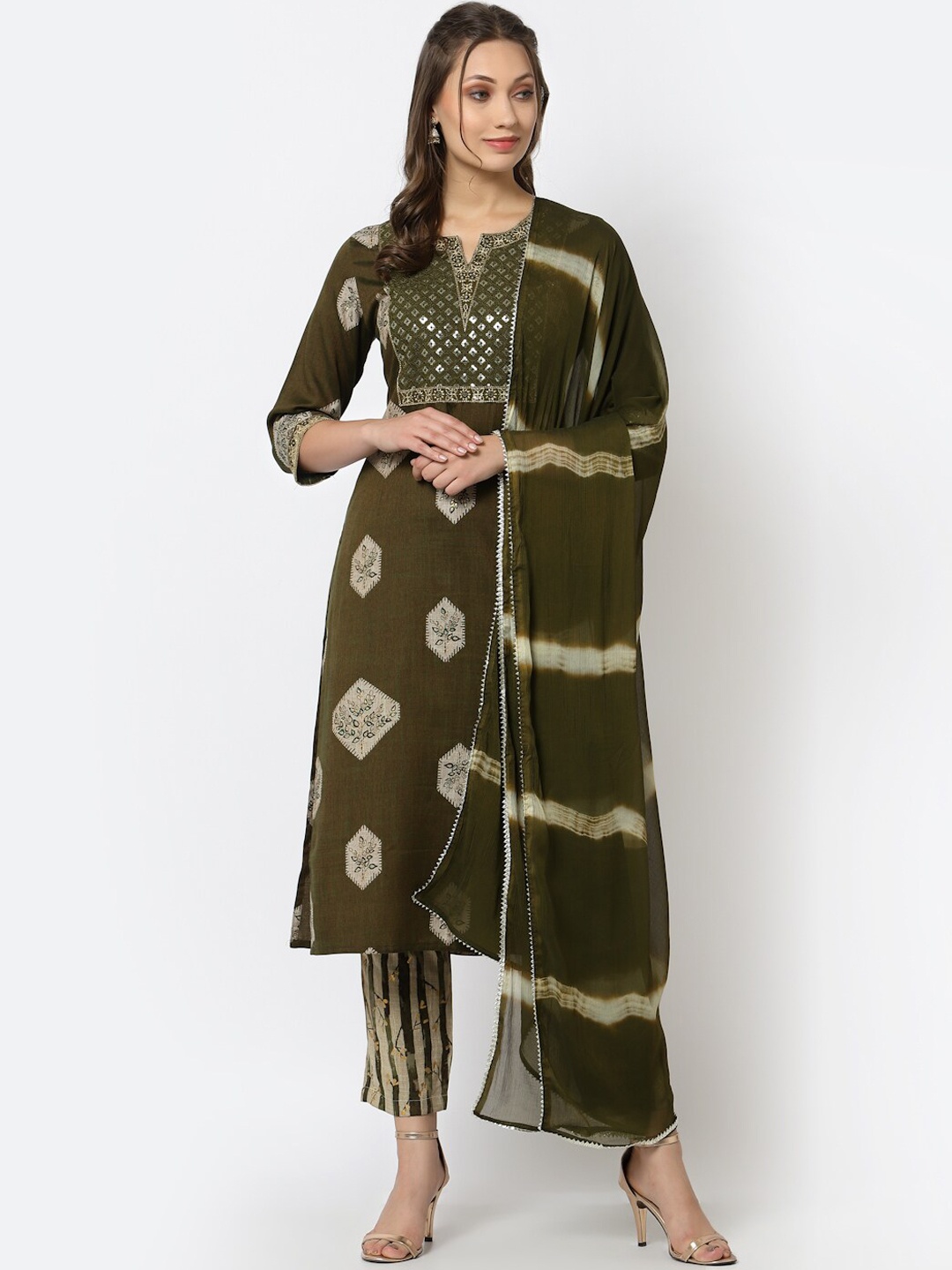 

YELLOW CLOUD Women Green Printed Kurta with Palazzos