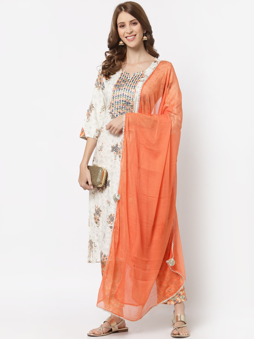 

YELLOW CLOUD Women Off White Ethnic Motifs Printed Kurti with Trousers & With Dupatta