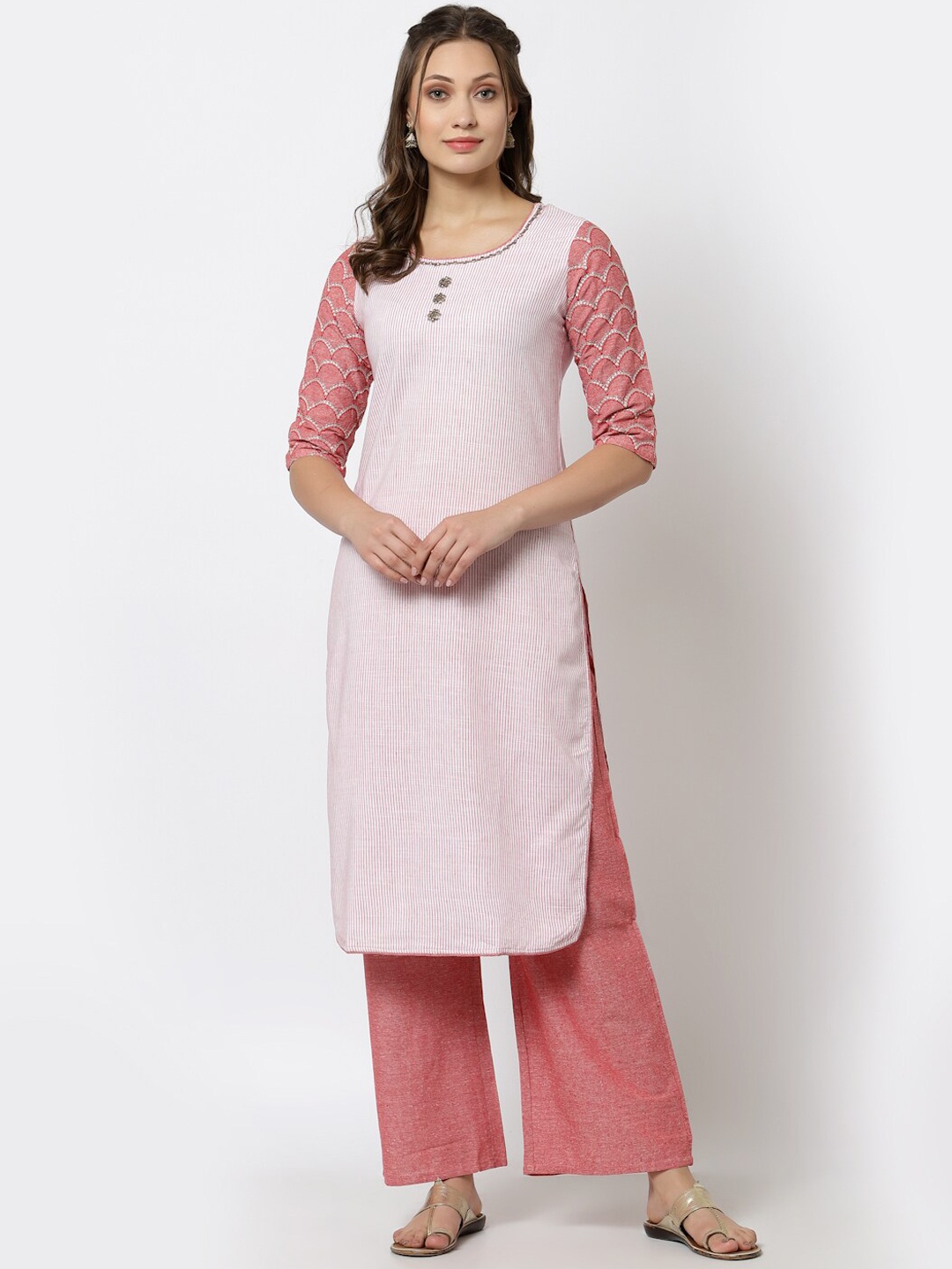 

YELLOW CLOUD Women Pink Cotton Straight Kurta with Palazzos