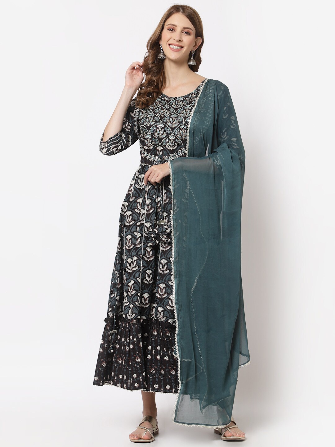 

YELLOW CLOUD Grey Floral Printed and Embroidered Maxi Dress with Dupatta