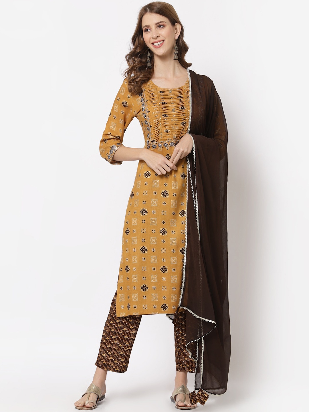 

YELLOW CLOUD Women Mustard Yellow Floral High Slit Kurta with Palazzos & With Dupatta