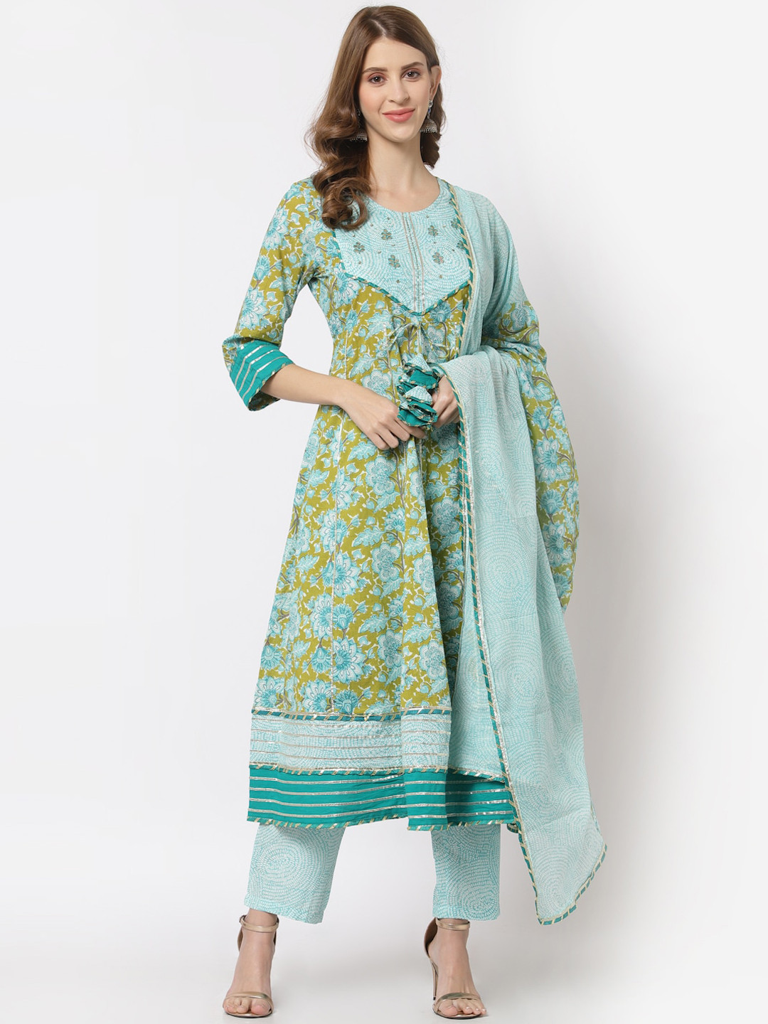 

YELLOW CLOUD Women Green Floral Anarkali Cotton Kurta Pant Mulmul Dupatta Set
