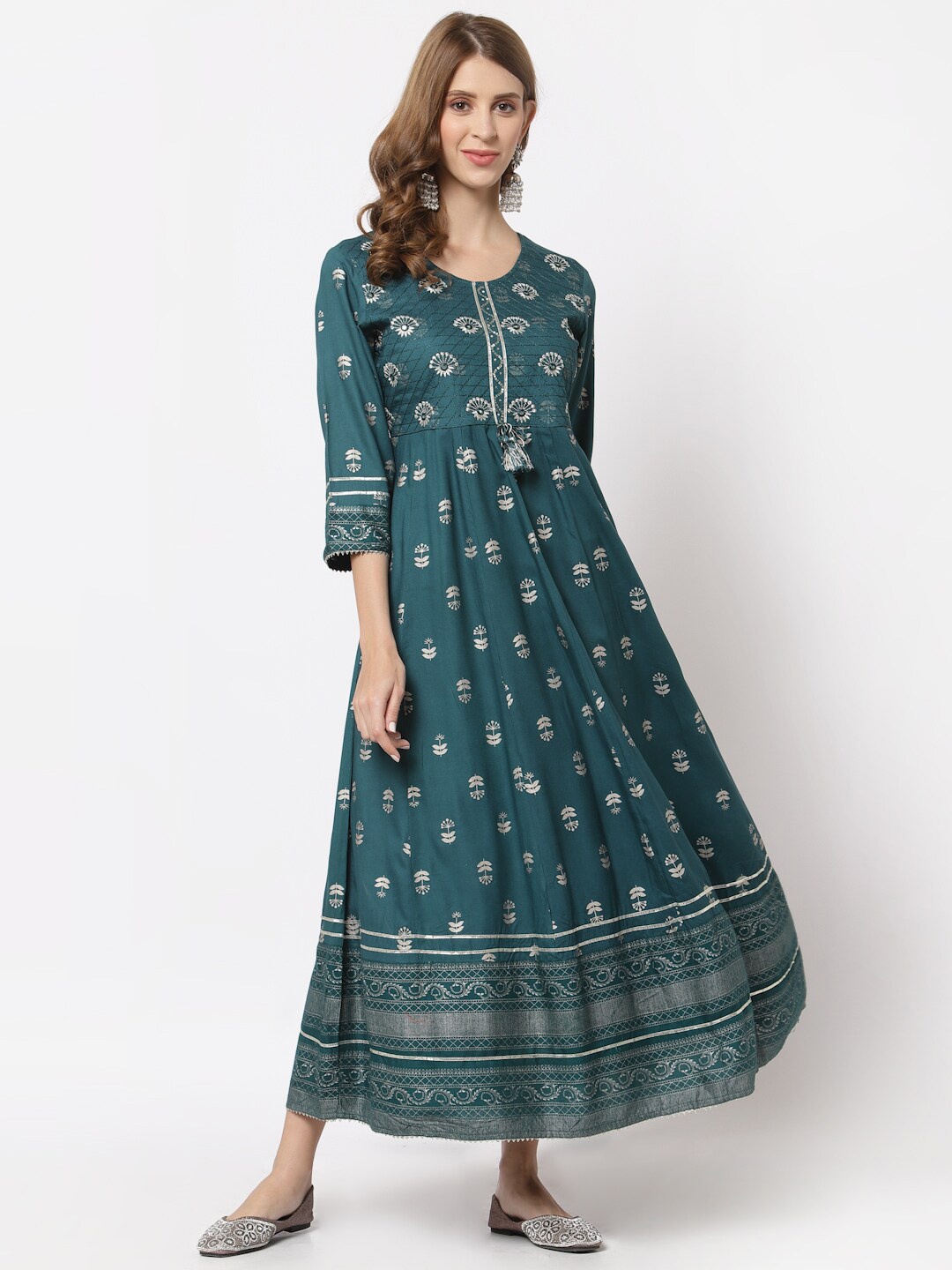 

YELLOW CLOUD Teal Ethnic Motifs Maxi Dress