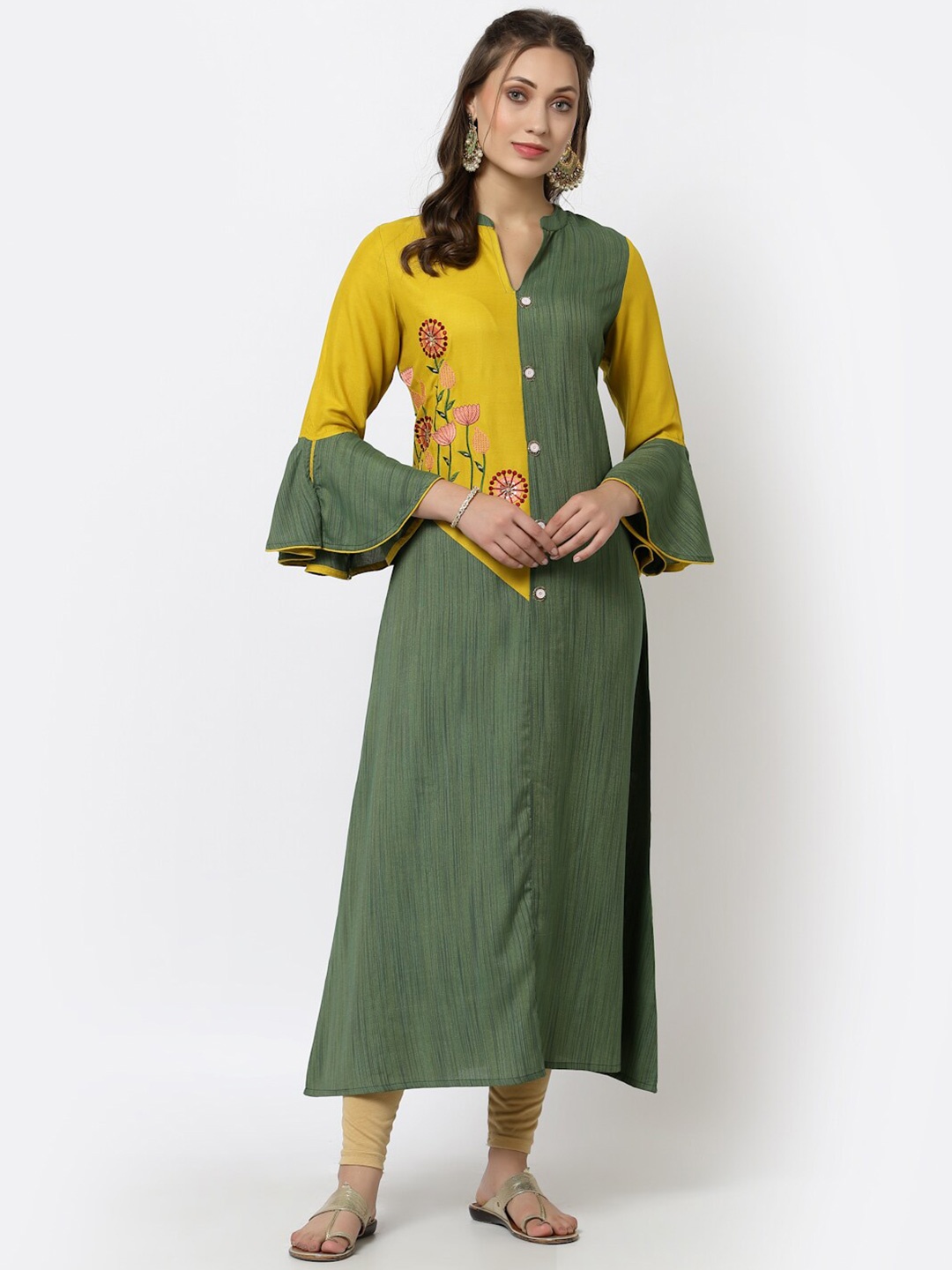 

YELLOW CLOUD Green & Yellow Floral A-Line Maxi Dress