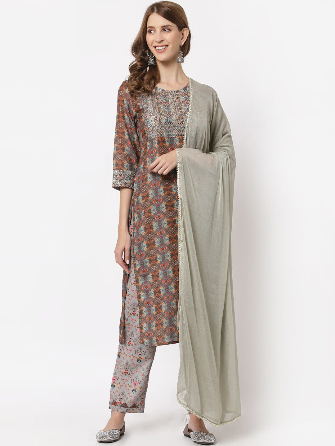 

YELLOW CLOUD Women Brown Kurta with Trouser & Dupatta