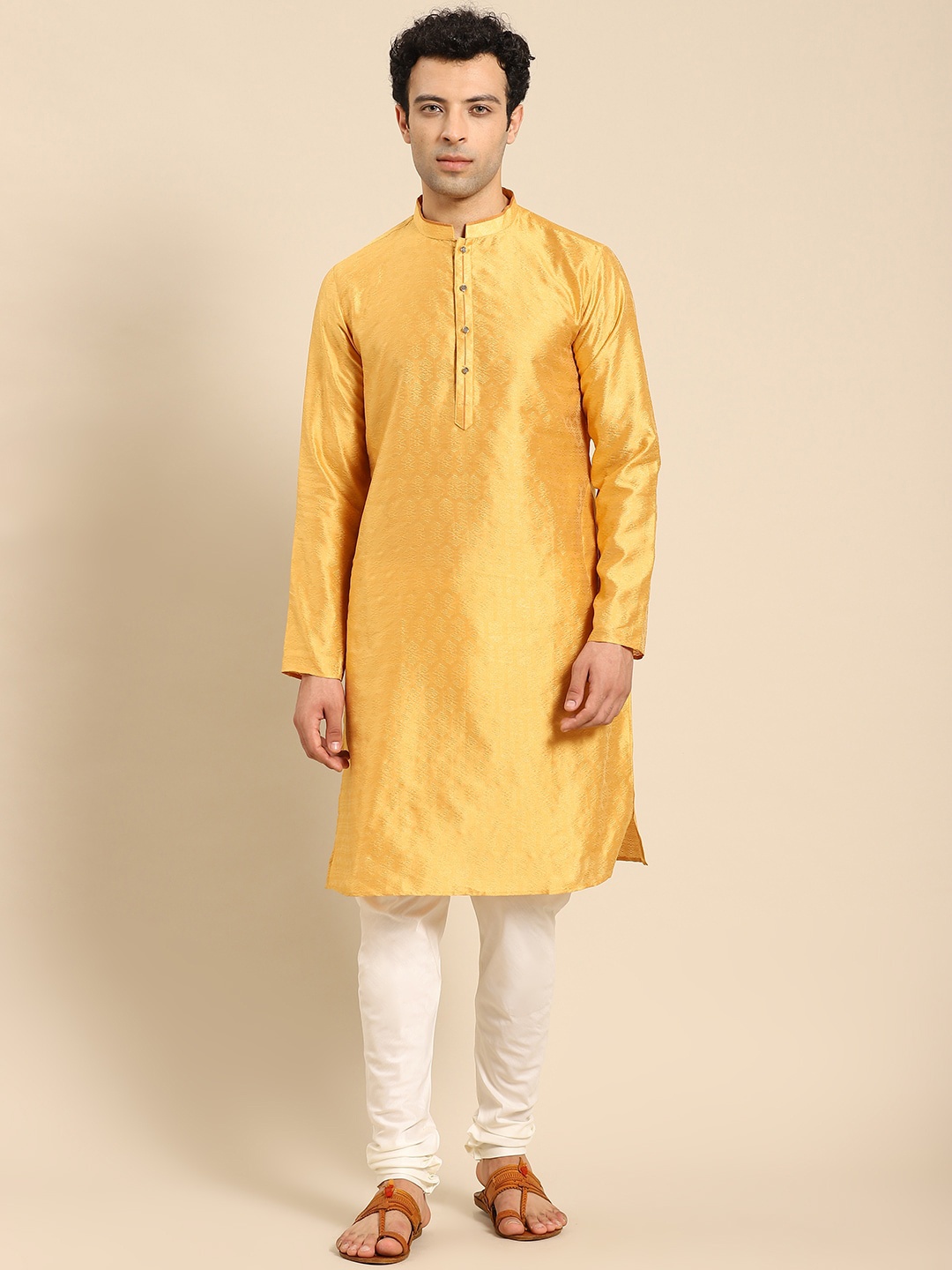 

Amodh by Kisah Men Mustard Yellow Thread Work Jacquard Kurta