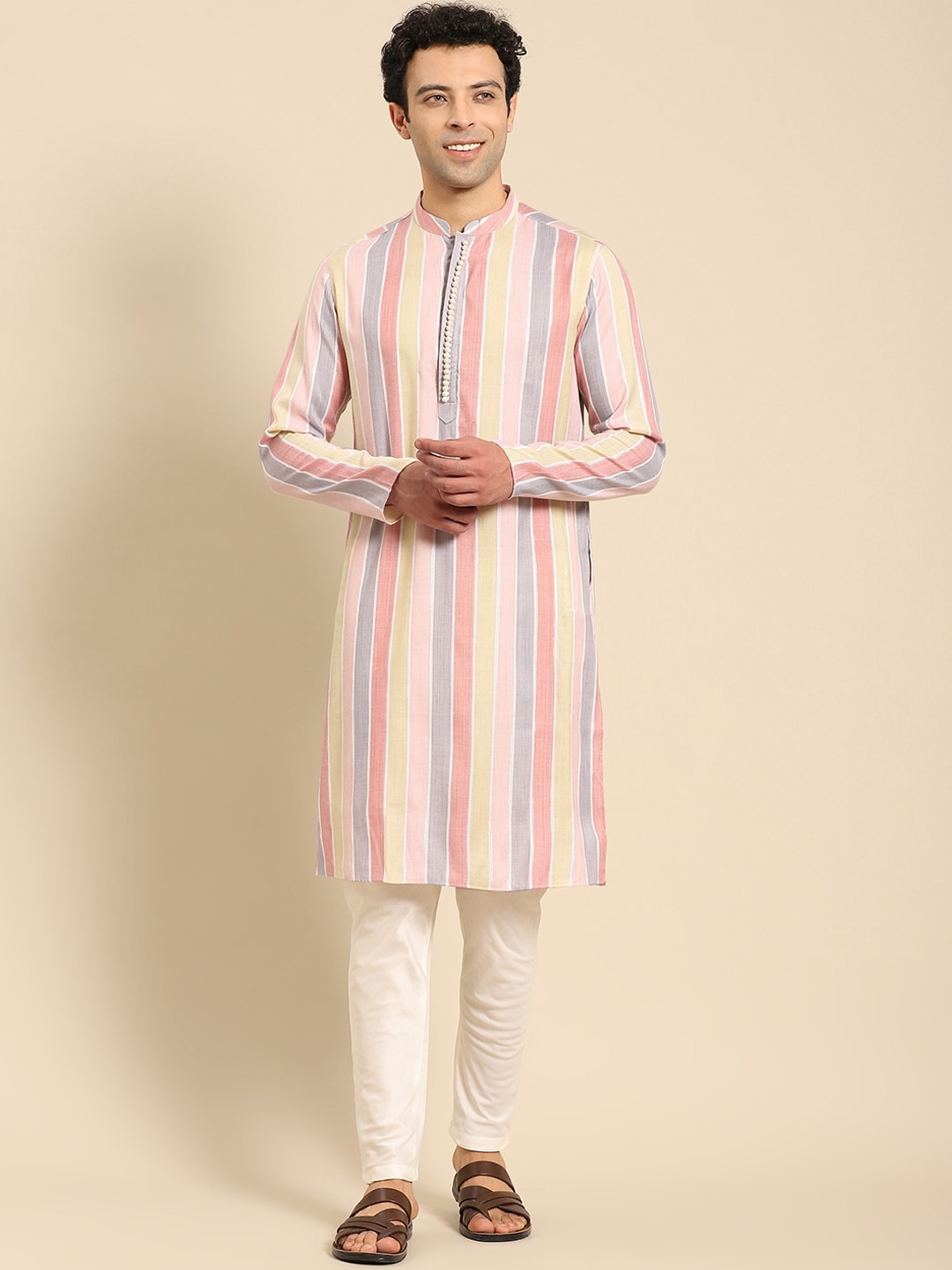 

Amodh by Kisah Men Pink & Blue Striped Thread Work Pastels Dobby Kurta