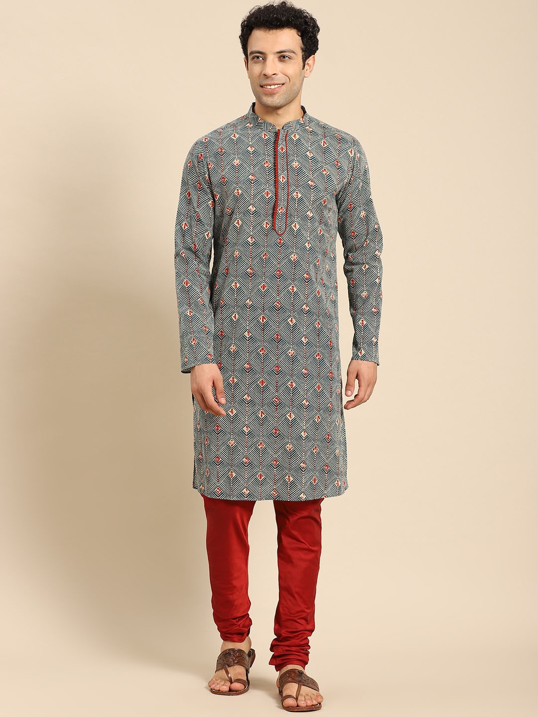

Amodh by Kisah Men Blue Ethnic Motifs Printed Flared Sleeves Thread Work Kurta