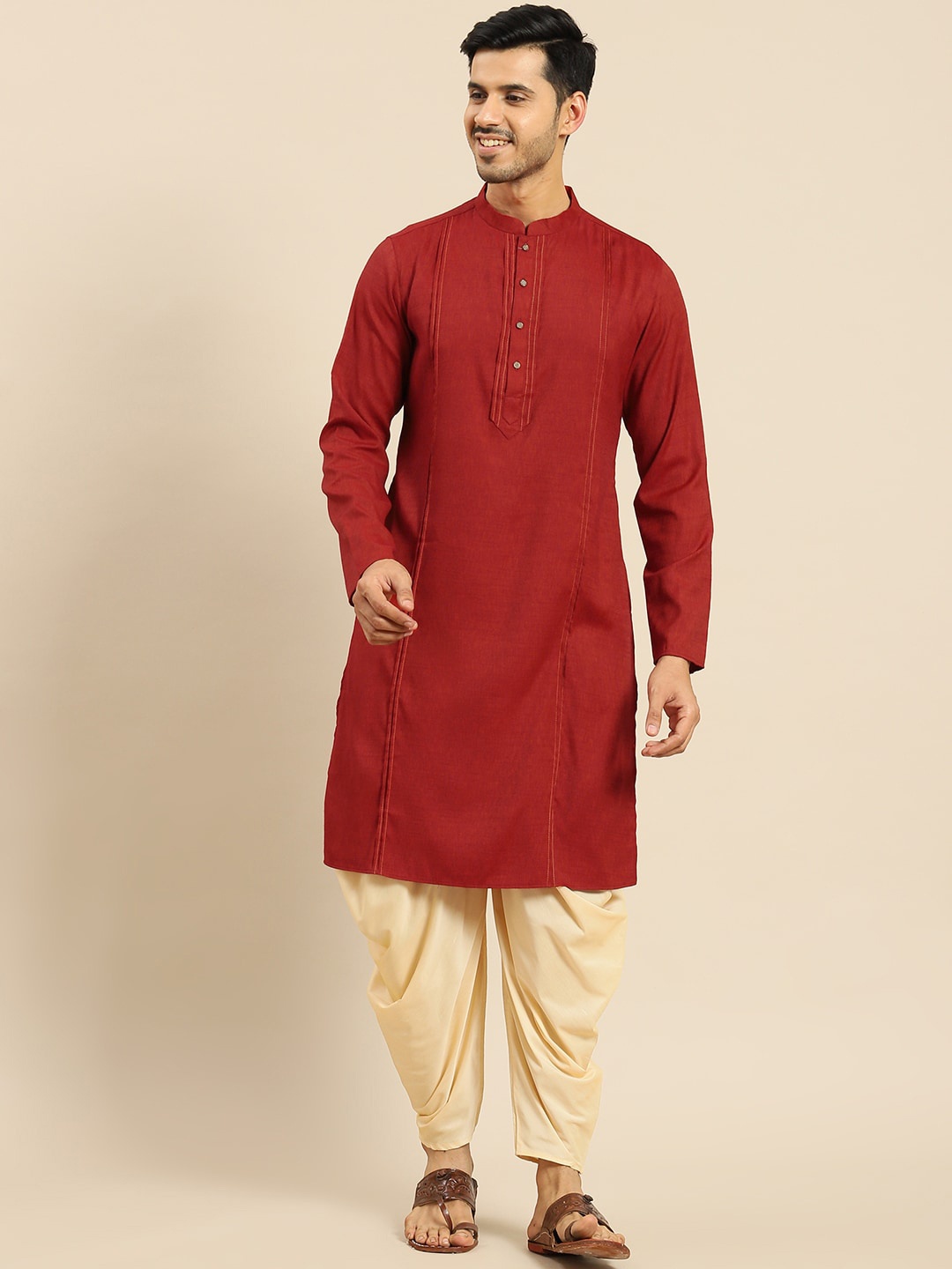 

Amodh by Kisah Men Red Thread Work Dobby Kurta