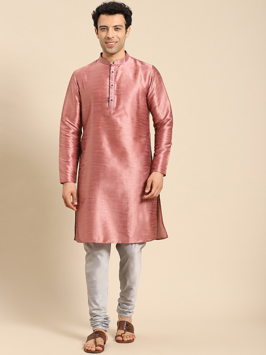

Amodh by Kisah Men Pink Thread Work Dobby Kurta