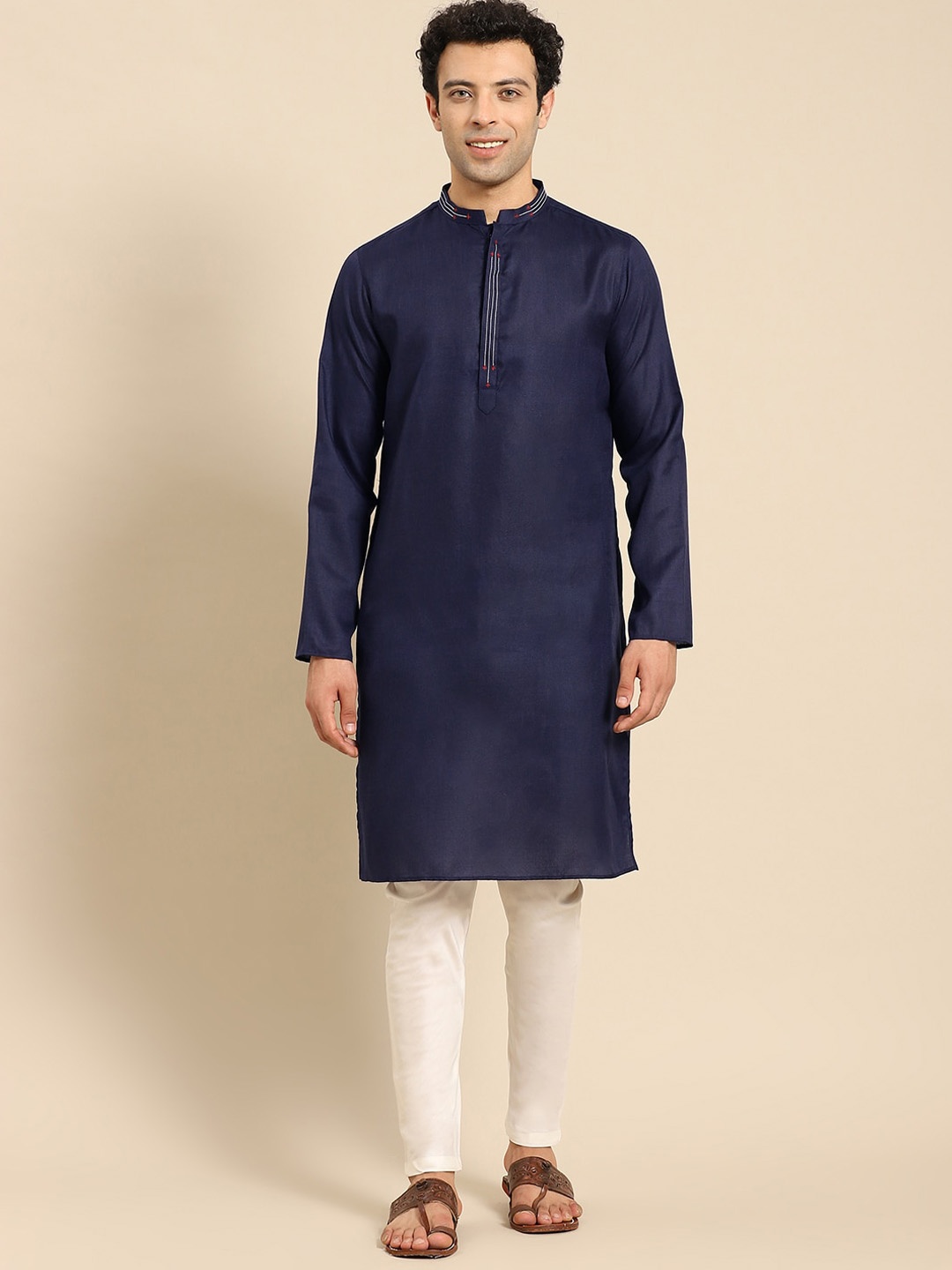 

Amodh by Kisah Men Navy Blue Solid Thread Work Dobby Kurta