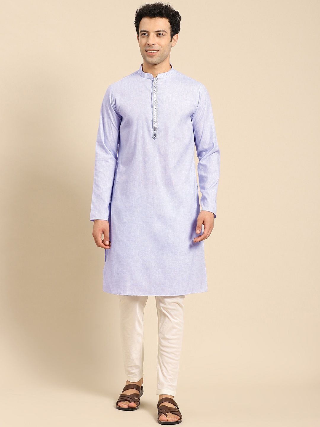 

Amodh by Kisah Men Lavender Striped Thread Work Kurta