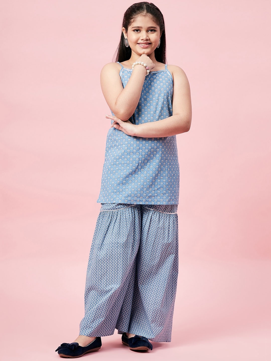 

Stylo Bug Girls Blue Striped Layered Pure Cotton Kurti with Dhoti Pants