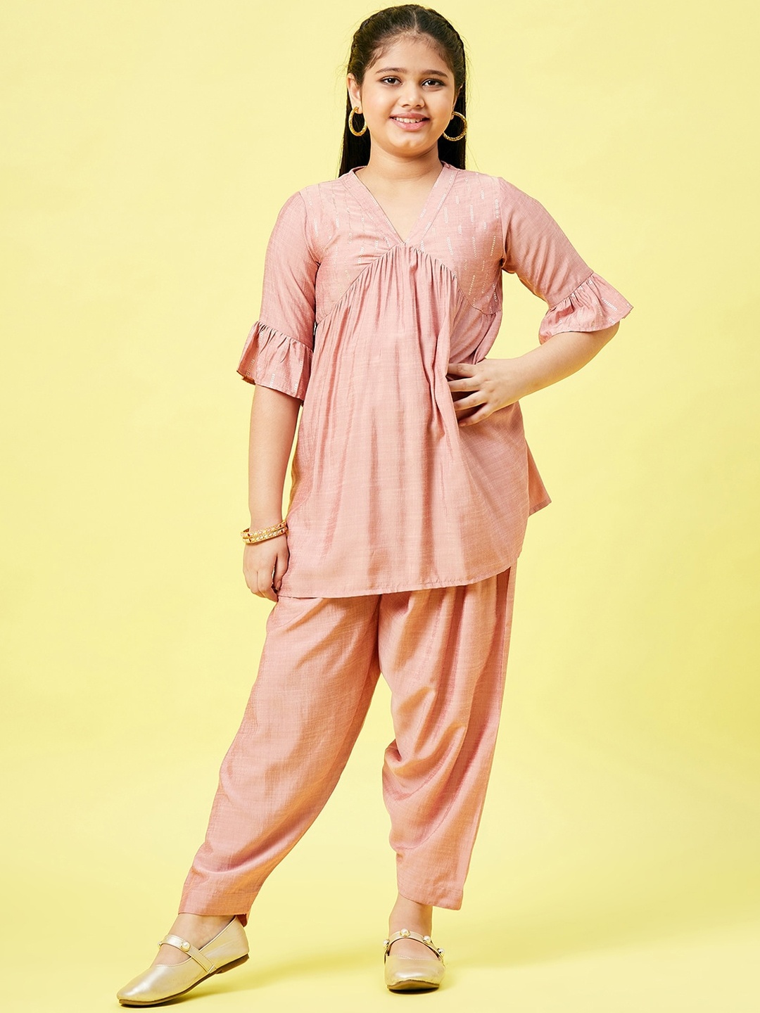 

Stylo Bug Girls Peach-Coloured Pleated Kurta with Dhoti Pants