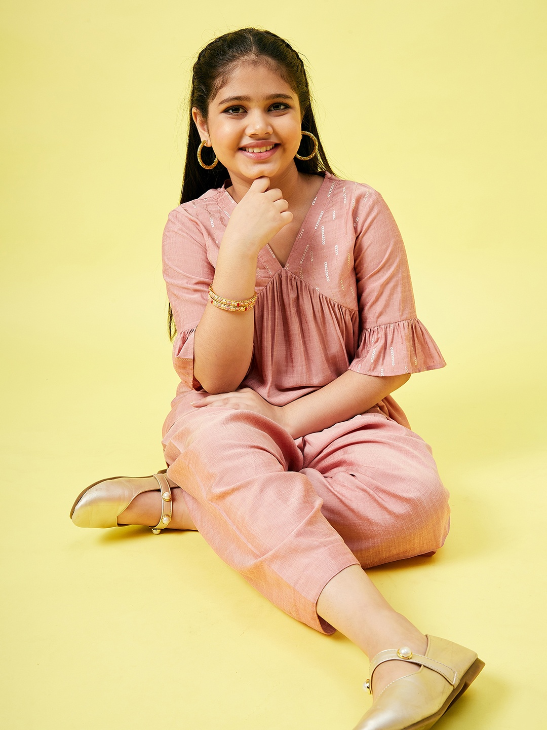 

Stylo Bug Girls Peach-Coloured Pleated Kurti with Dhoti Pants