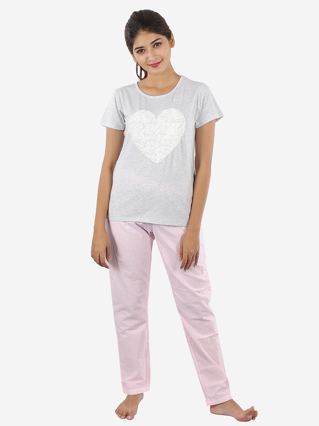 

BStories Women Grey & Pink Printed Night suit