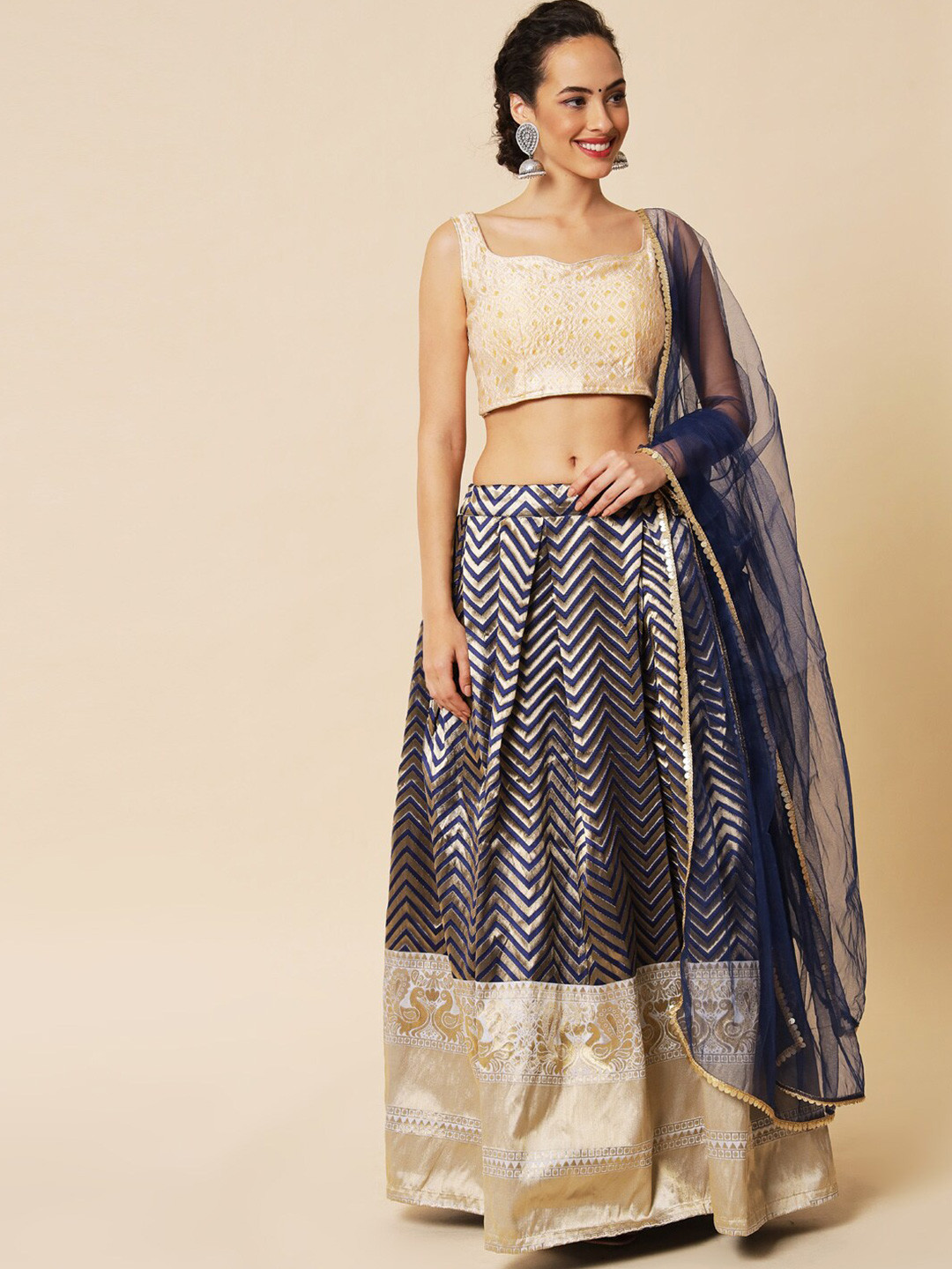 

DIVASTRI Navy Blue & Gold-Toned Printed Ready to Wear Lehenga & Unstitched Blouse With Dupatta