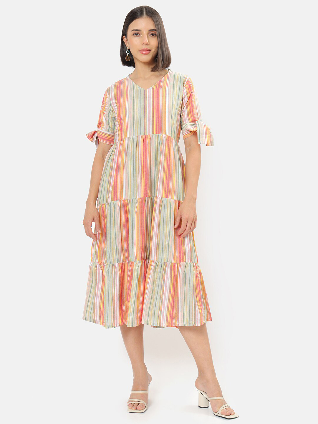

Saaki Cream-Coloured & Pink Striped A-Line Midi Dress