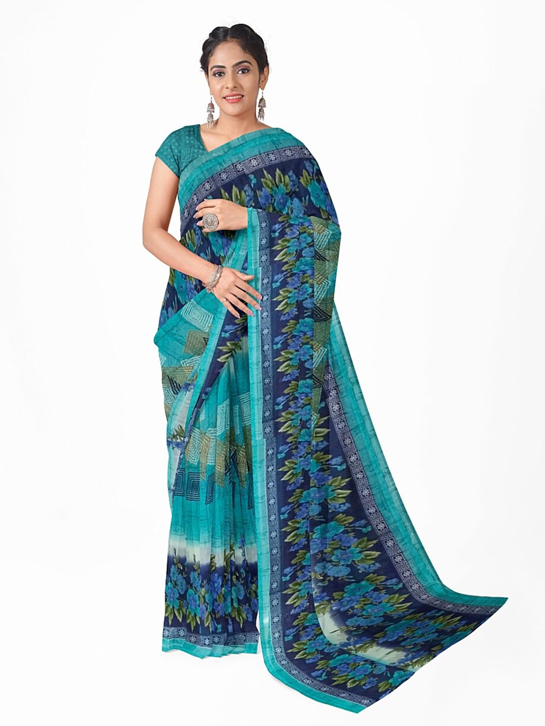 Florence Green & Blue Floral Pure Georgette Fusion Dharmavaram Saree