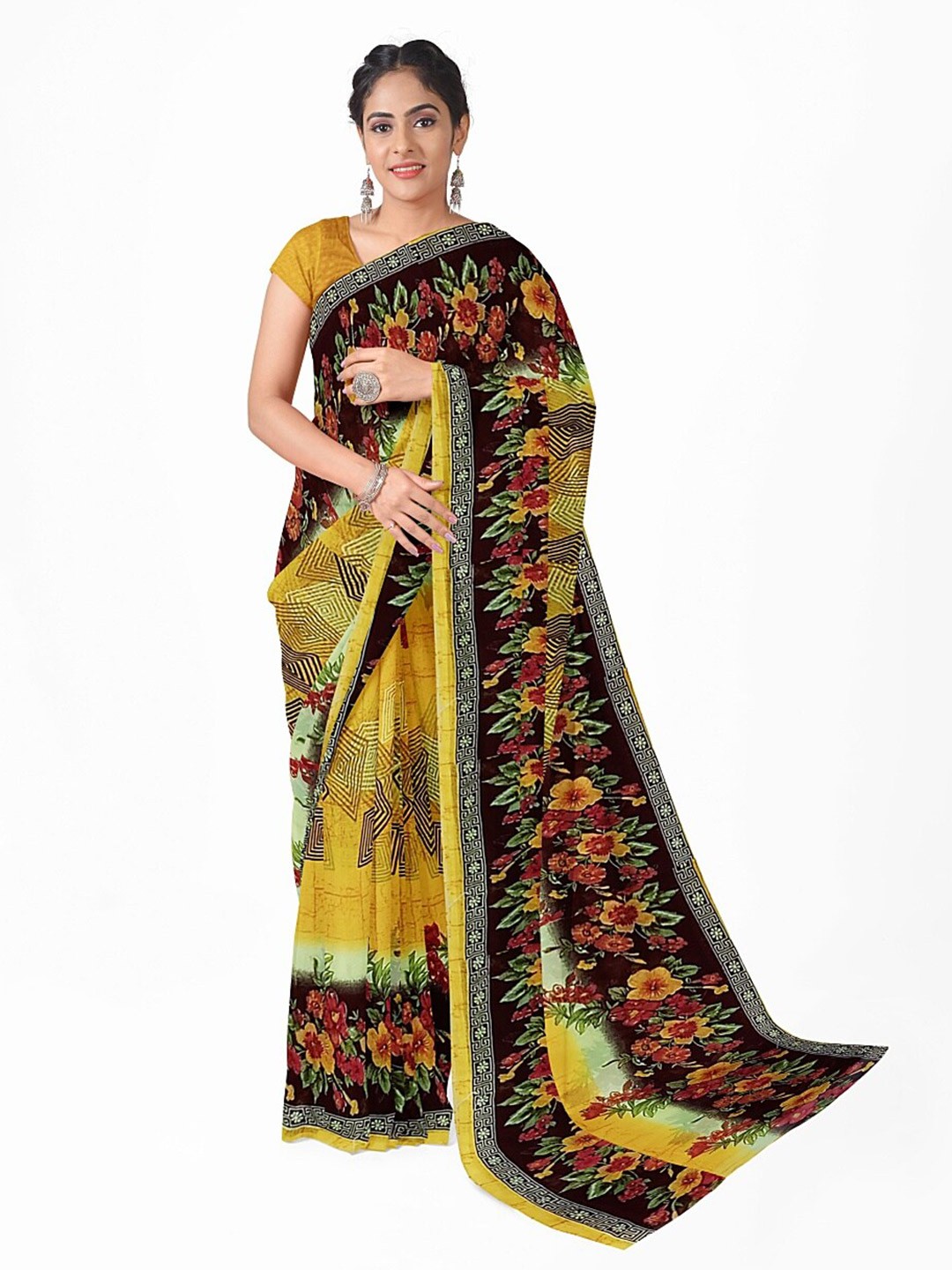 

Florence Yellow & Red Floral Pure Georgette Saree