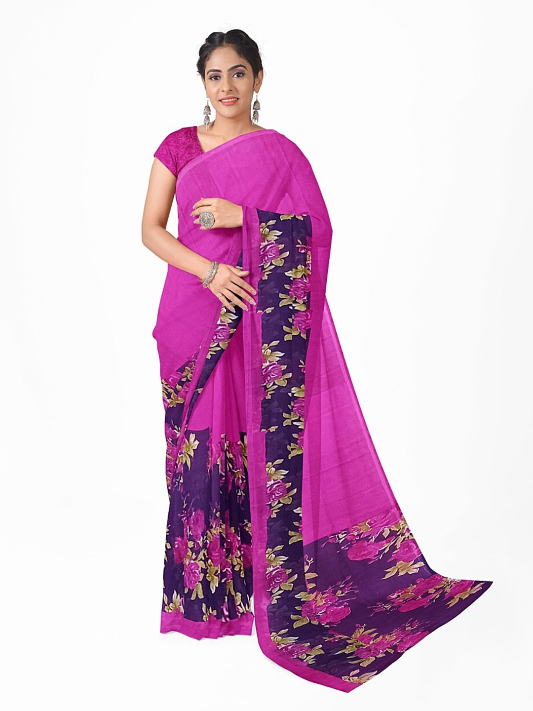 

Florence Pink & Purple Floral Pure Georgette Saree