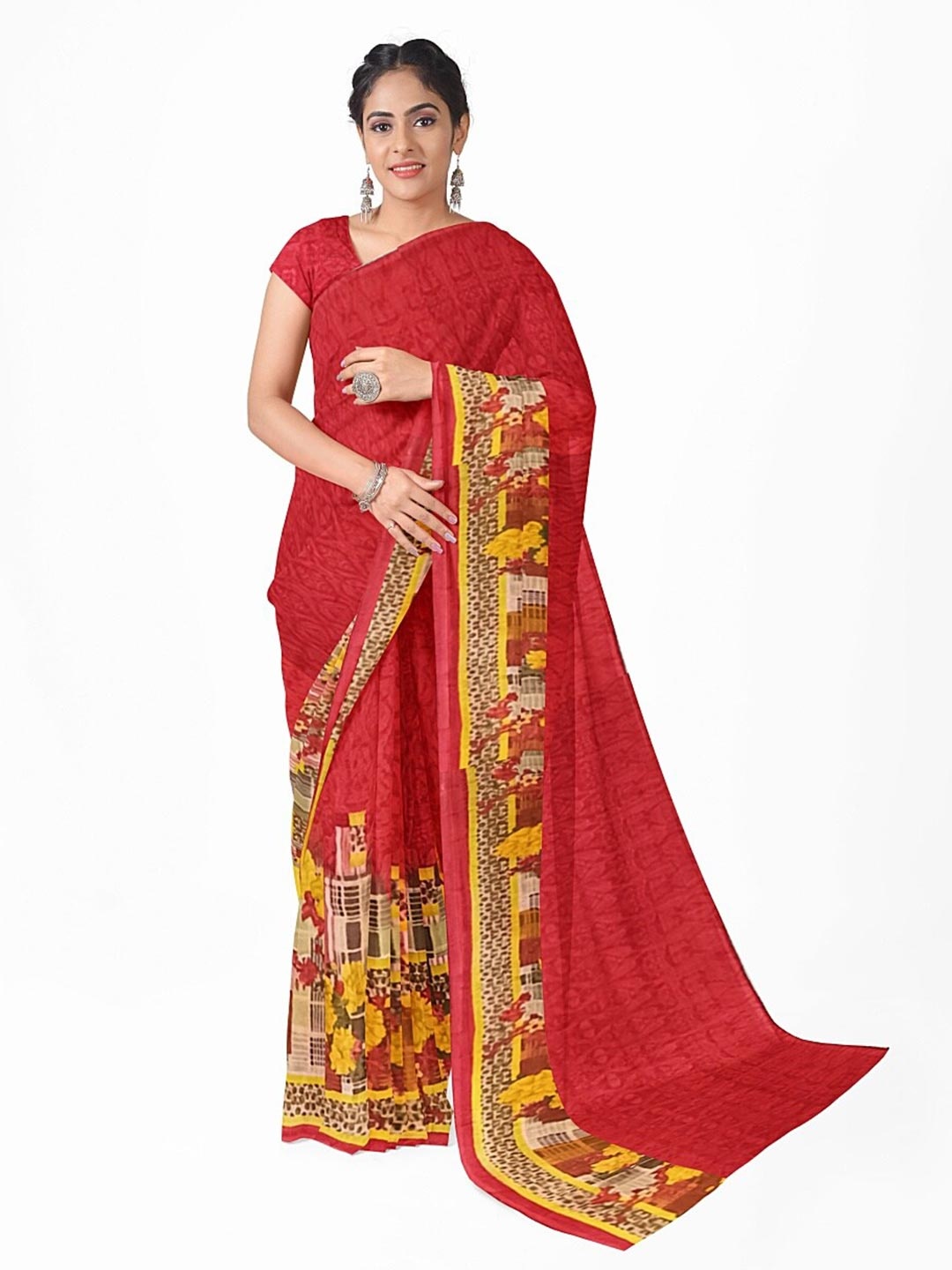

Florence Red & Yellow Floral Pure Georgette Fusion Dharmavaram Saree